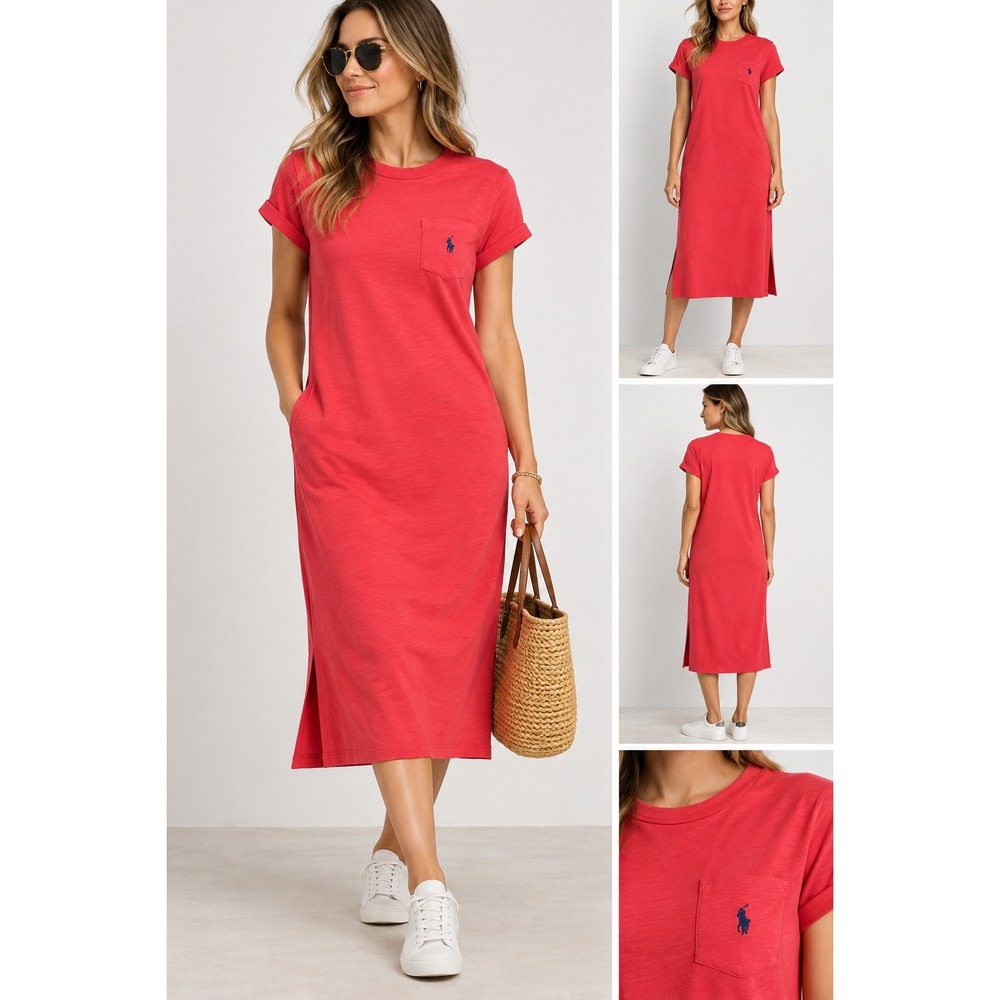 Polo Ralph Lauren Womens Red Cotton Jersey Pocket T-Shirt Midi Dress Large NWT